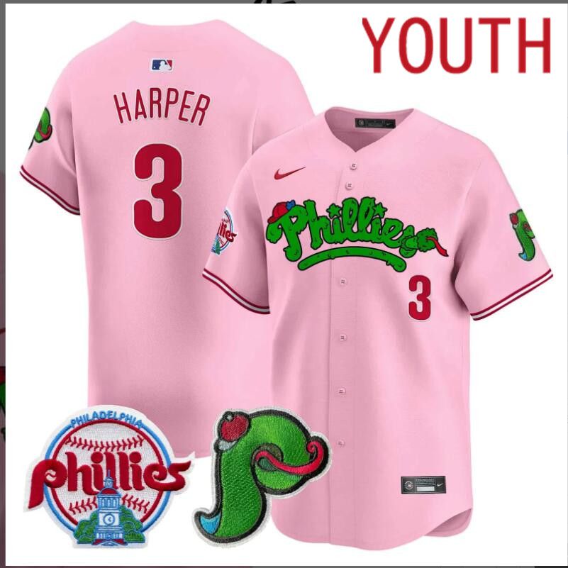 Youth  Philadelphia Phillies #3 Harper Pink Limited 2024 MLB Nike jersey->youth nfl jersey->Youth Jersey